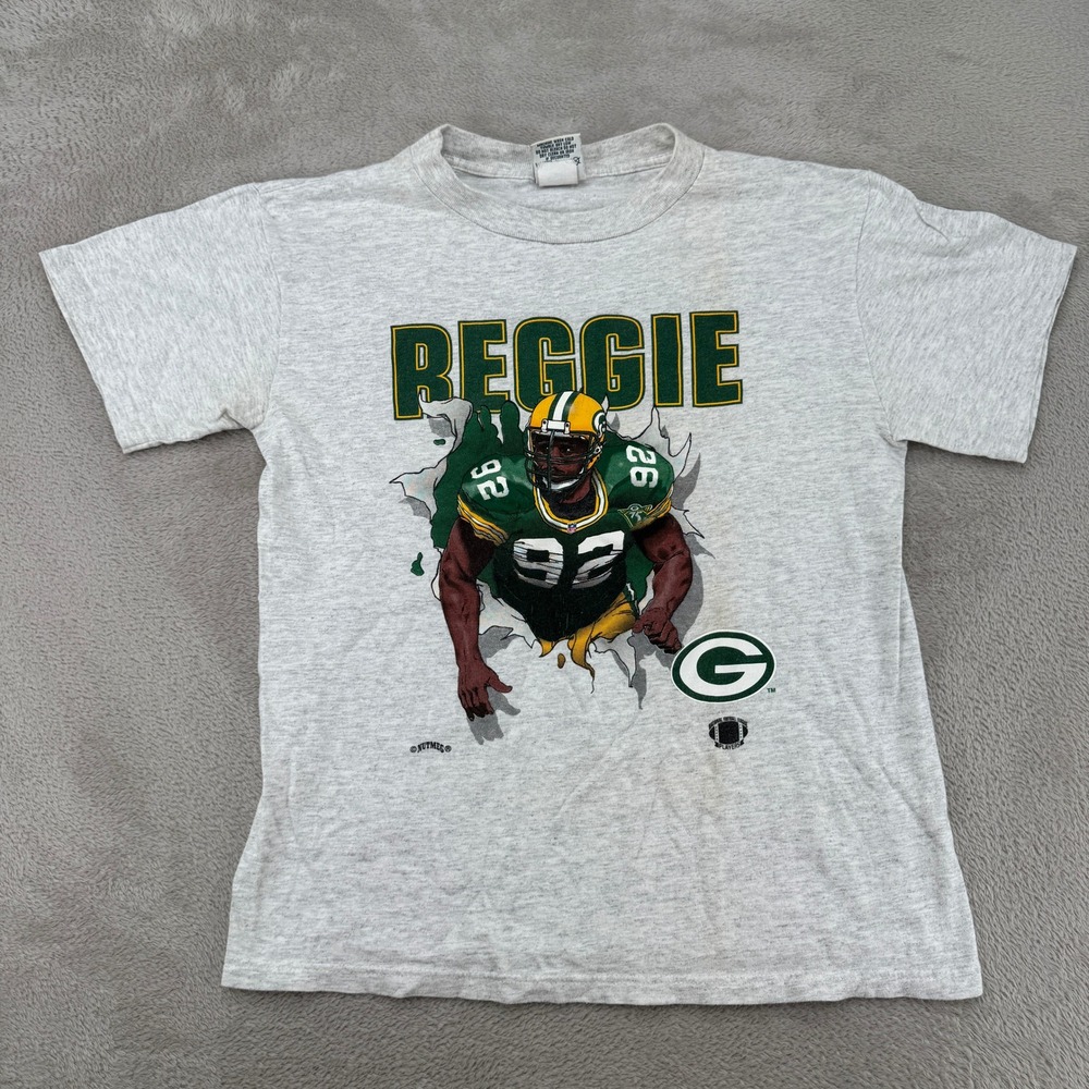 VTG 90s Nutmeg Green Bay Packers Reggie White Break Through Shirt Boys L Gray